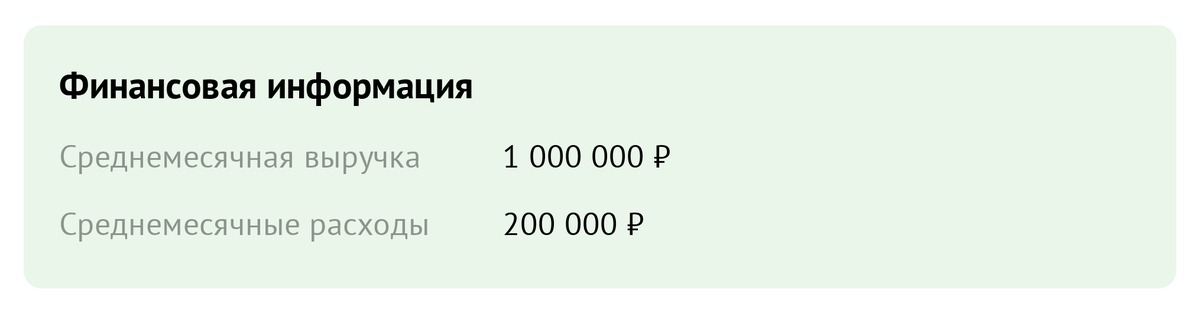 Скриншот блока «Финансовая информация» из другого объявления: среднемесячная выручка 1 000 000 рублей, среднемесячные расходы 200 000 рублей.