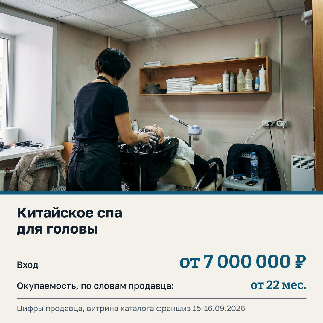 Карточка подборки: тесная комната с подвесным потолком, мастер в чёрном моет голову клиентке над чёрной раковиной, рядом пароварка, полка с полотенцами и флаконами, куртка на стуле. Подпись: китайское спа для головы, вход от 7 000 000 рублей, окупаемость по словам продавца от 22 месяцев