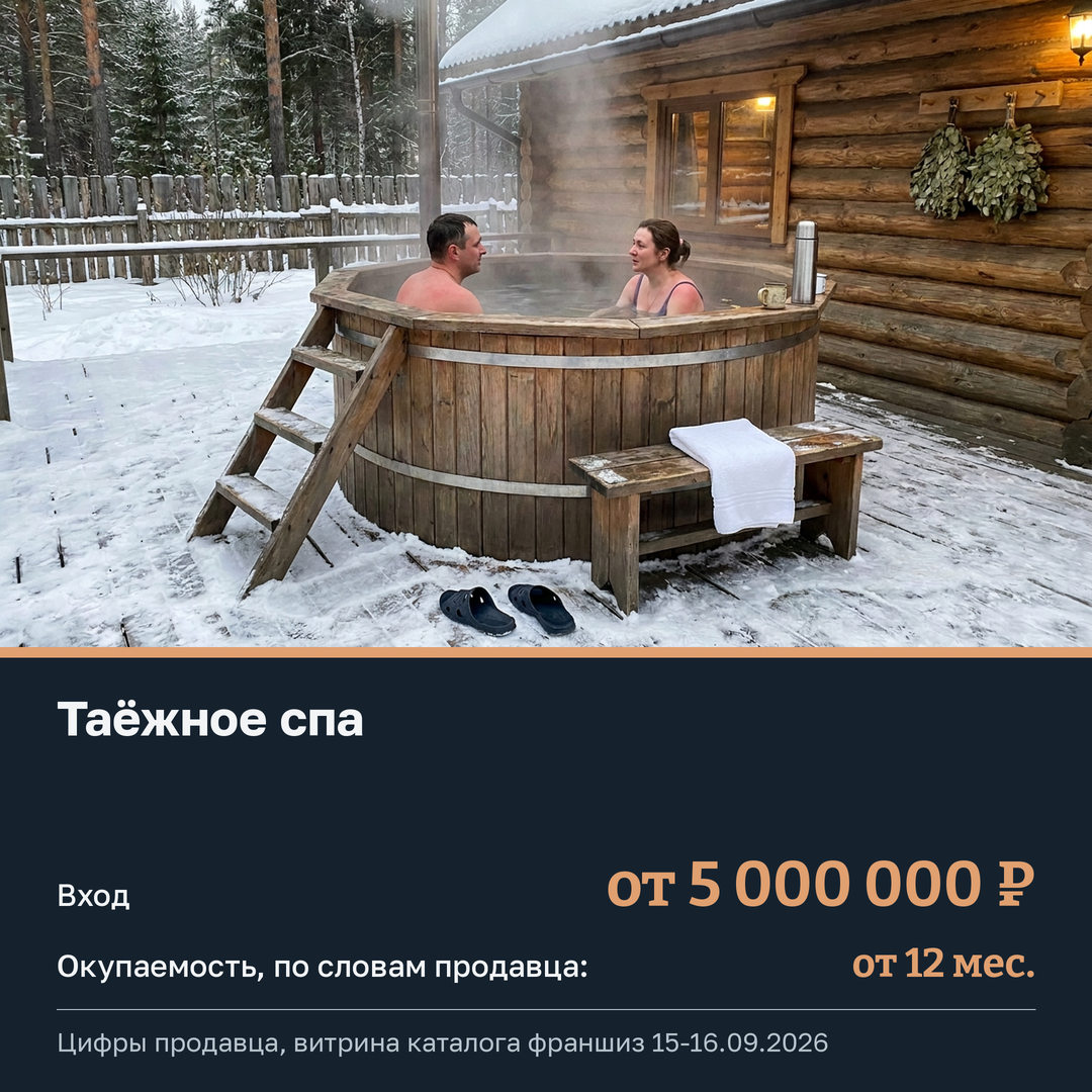 Карточка подборки: деревянный чан на заснеженной террасе у бревенчатой бани, от воды идёт пар, мужчина и женщина сидят в нём и разговаривают, на краю термос и кружка, на стене веники, позади ели. Подпись: таёжное спа, вход от 5 000 000 рублей, окупаемость по словам продавца от 12 месяцев