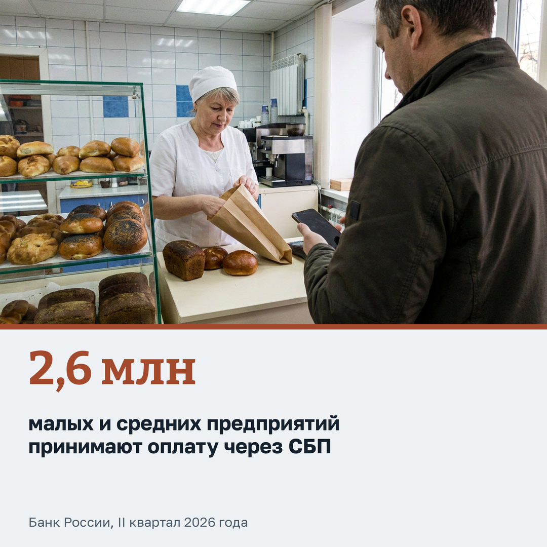 Покупатель оплачивает хлеб телефоном у прилавка районной пекарни, продавщица в белом колпаке складывает булки в бумажный пакет. Свой бизнес и быстрые платежи: 2,6 миллиона малых и средних предприятий, 36% от всех, принимают оплату через СБП, по данным Банка России