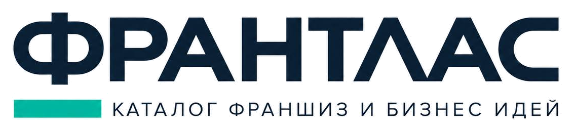 Логотип ФРАНТЛАС: слово тёмно-синим, ниже бирюзовая плашка и подпись «каталог франшиз и бизнес идей»